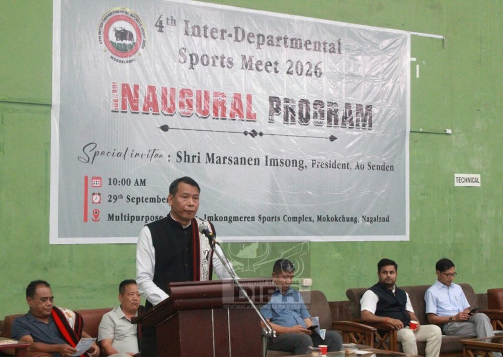Ao Senden President Marsanen Imsong addresses the inaugural programme of the 4th Inter-Departmental Sports Meet at Mokokchung on September 29. (DIPR Photo)